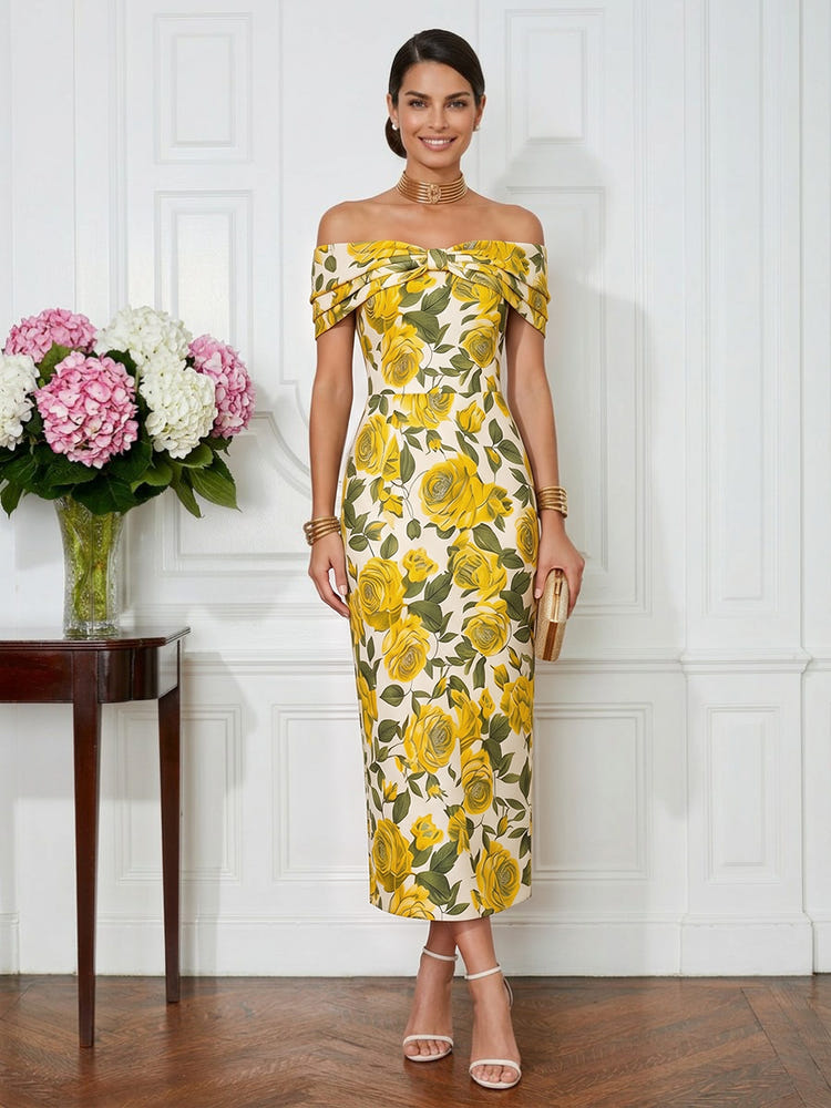 Jacquard Sheath Off the Shoulder Pleated Cocktail Dresses