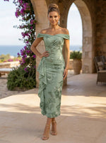 Jacquard Sheath Off the Shoulder Cocktail Dresses with Ruffles
