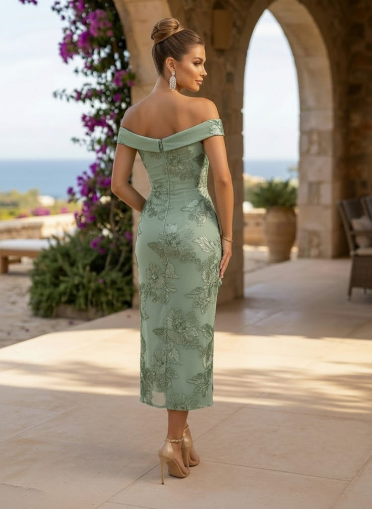 Jacquard Sheath Off the Shoulder Cocktail Dresses with Ruffles