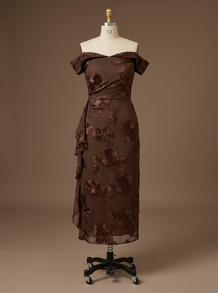 Jacquard Sheath Off the Shoulder Flowers Cocktail Dresses with Ruffles