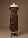 Jacquard Sheath Off the Shoulder Flowers Cocktail Dresses with Ruffles
