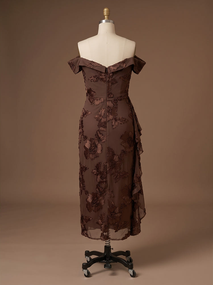 Jacquard Sheath Off the Shoulder Flowers Cocktail Dresses with Ruffles