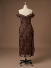 Jacquard Sheath Off the Shoulder Flowers Cocktail Dresses with Ruffles