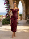 Jacquard Sheath Off the Shoulder Cocktail Dresses with Ruffles