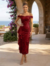 Jacquard Sheath Off the Shoulder Cocktail Dresses with Ruffles