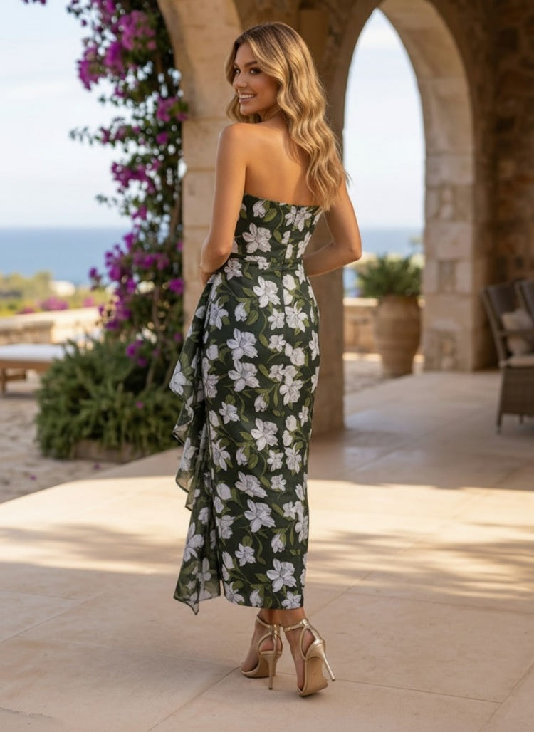 Jacquard Sheath Strapless Cocktail Dresses with Ruffles