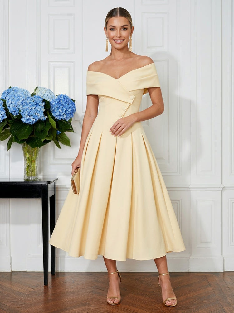 Jersey A-Line Off the Shoulder Pleated Cocktail Dresses with Button