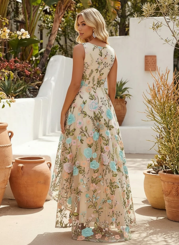 Jacquard A-Line Crew Neck Cocktail Dresses with Floral Embroidery