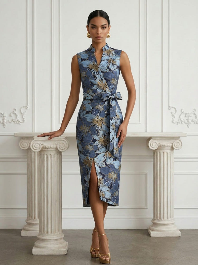Jacquard Sheath Stand Colla Cocktail Dresses with Bow