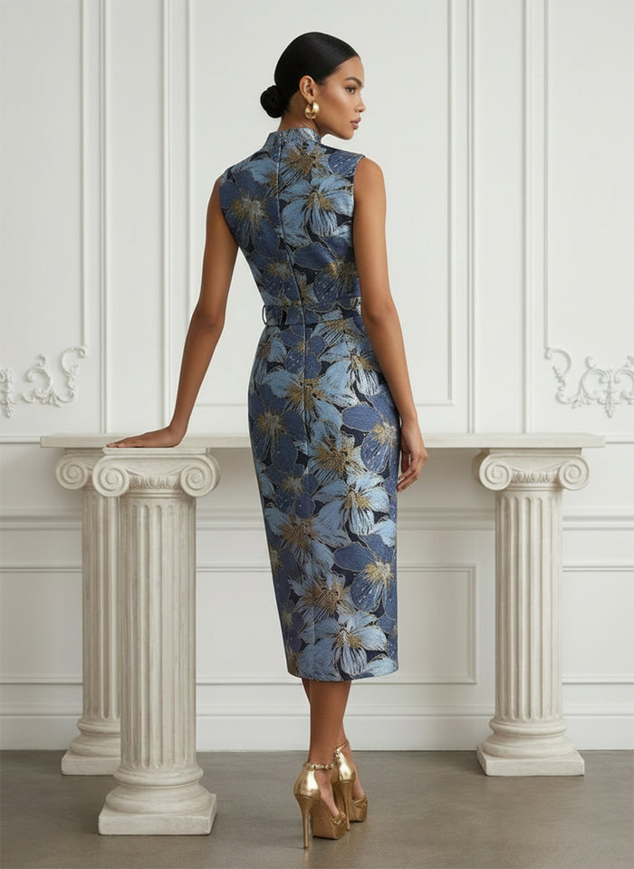 Jacquard Sheath Stand Colla Cocktail Dresses with Bow