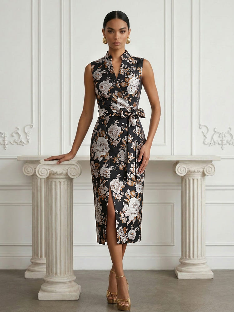 Jacquard Sheath Tea Length Stand Colla Print Cocktail Dresses with Bow