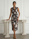 Jacquard Sheath Tea Length Stand Colla Print Cocktail Dresses with Bow