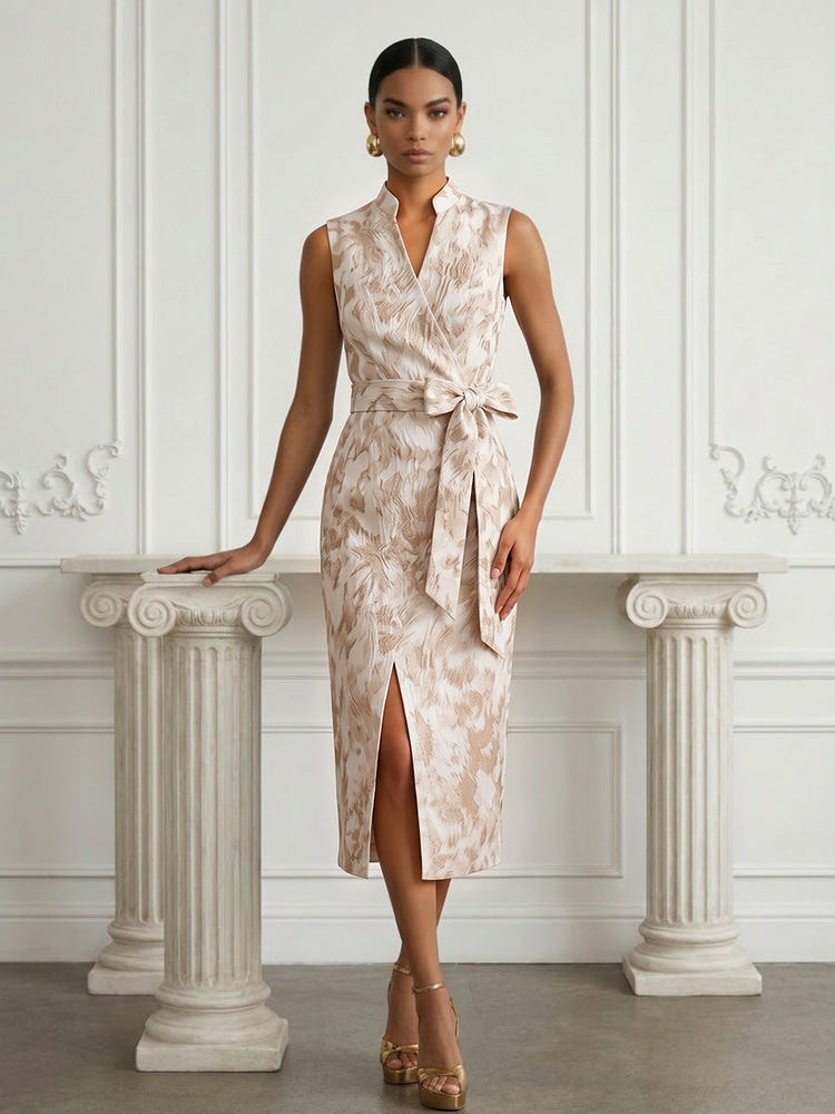 Jacquard Sheath Stand Colla Cocktail Dresses with Bow