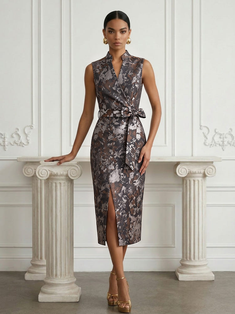 Jacquard Sheath Stand Colla Cocktail Dresses with Bow
