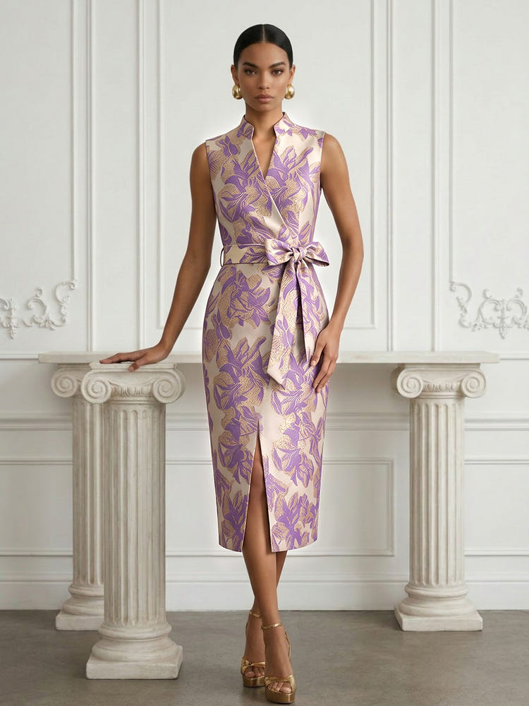Jacquard Sheath Stand Colla Cocktail Dresses with Bow