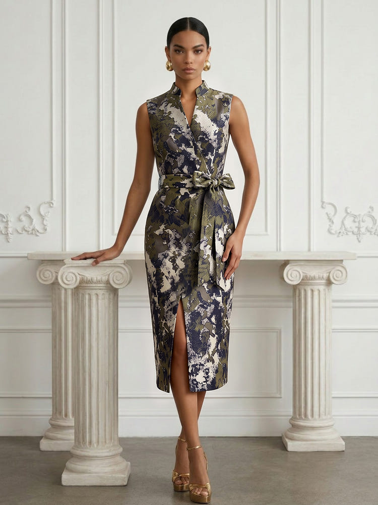 Jacquard Sheath Stand Colla Cocktail Dresses with Bow