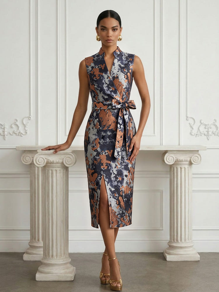Jacquard Sheath Stand Colla Cocktail Dresses with Bow