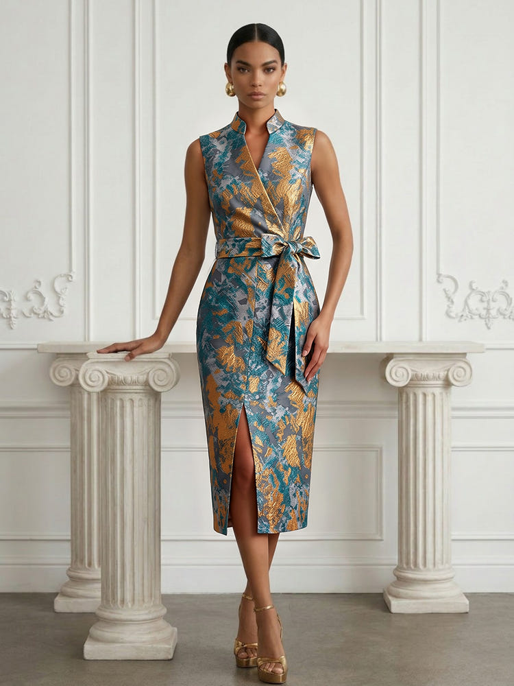 Jacquard Sheath Stand Colla Cocktail Dresses with Bow