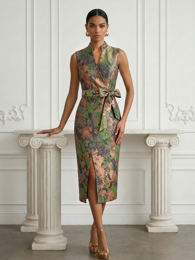 Jacquard Sheath Stand Colla Cocktail Dresses with Bow