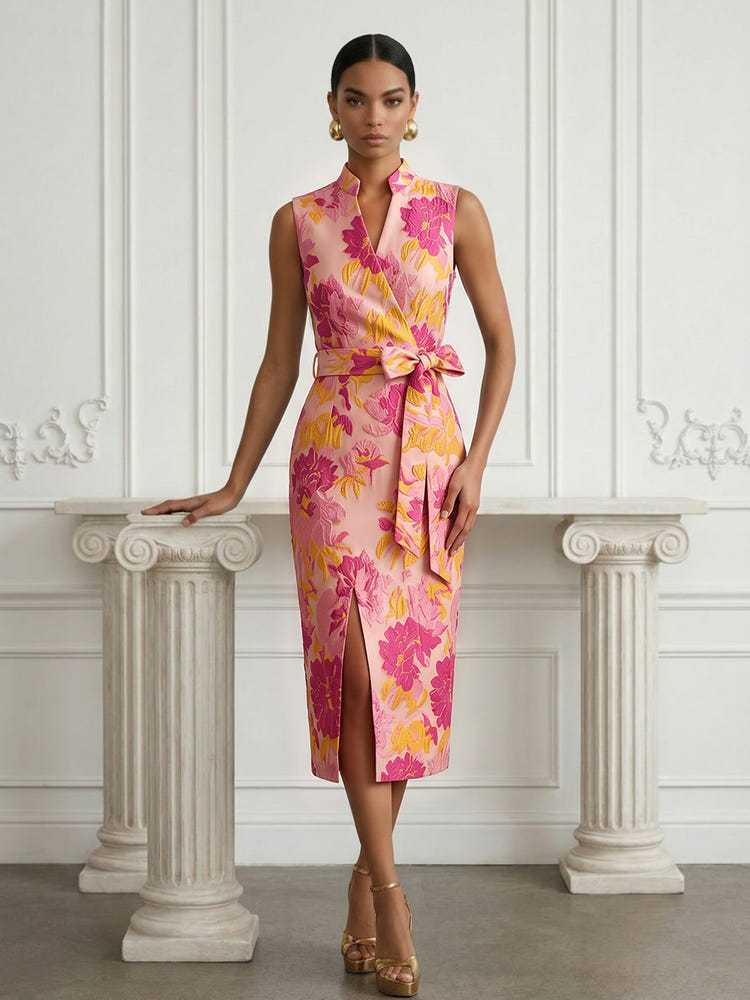 Jacquard Sheath Stand Colla Cocktail Dresses with Bow