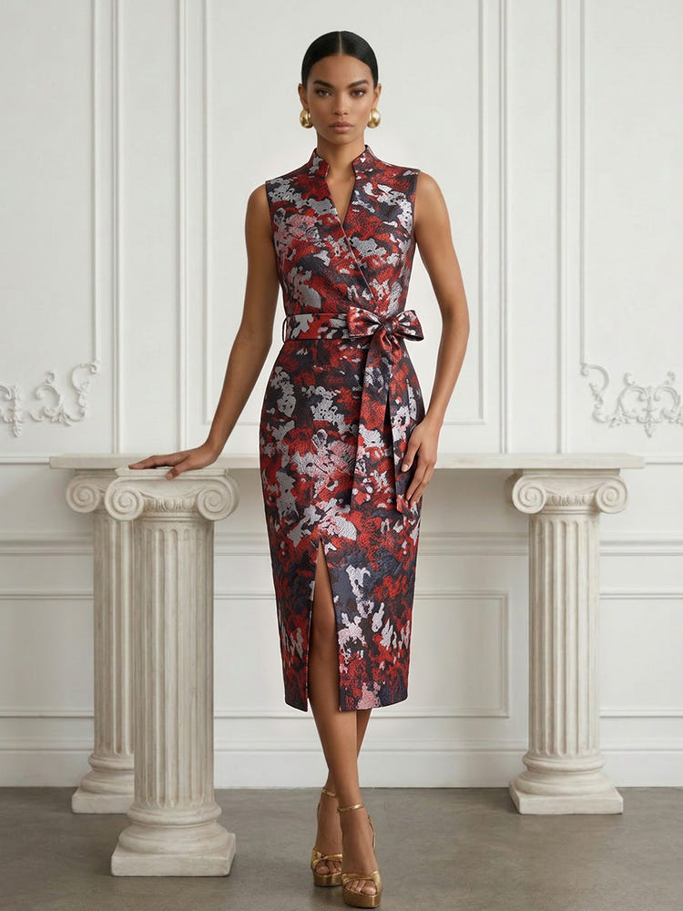 Jacquard Sheath Stand Colla Cocktail Dresses with Bow