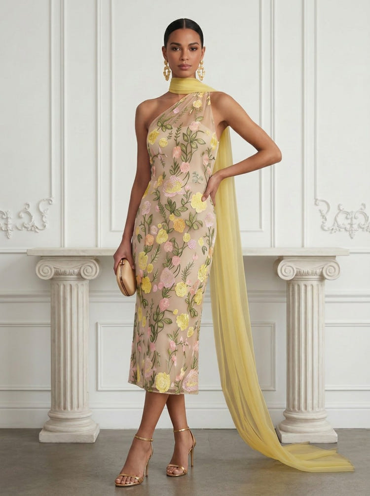 Tulle Sheath One Shoulder Cocktail Dresses with Scarf