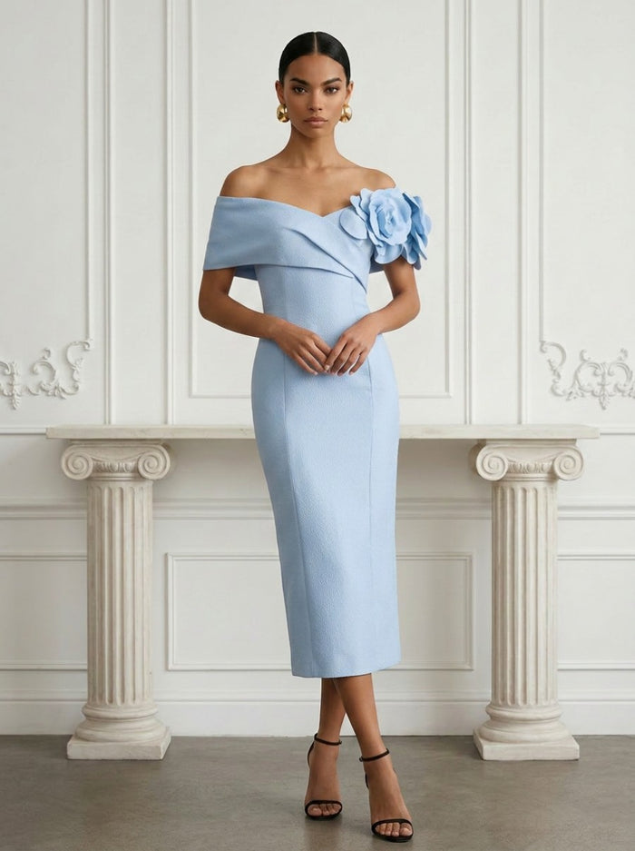Jersey Sheath Off the Shoulder Cocktail Dresses with 3D Flowers