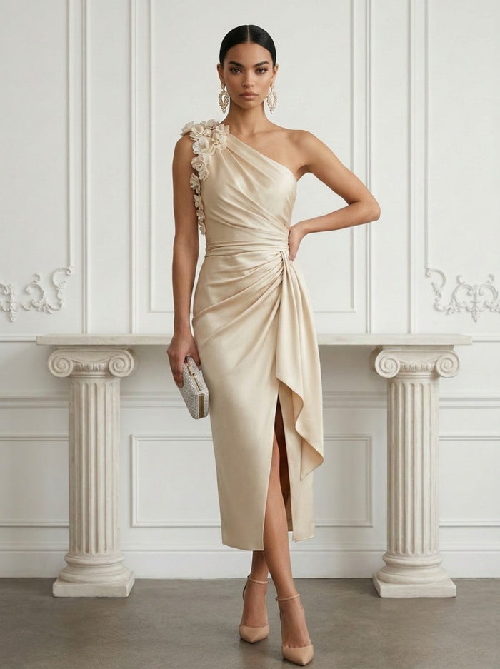 Satin Sheath One Shoulder Cocktail Dresses with 3D Flowers