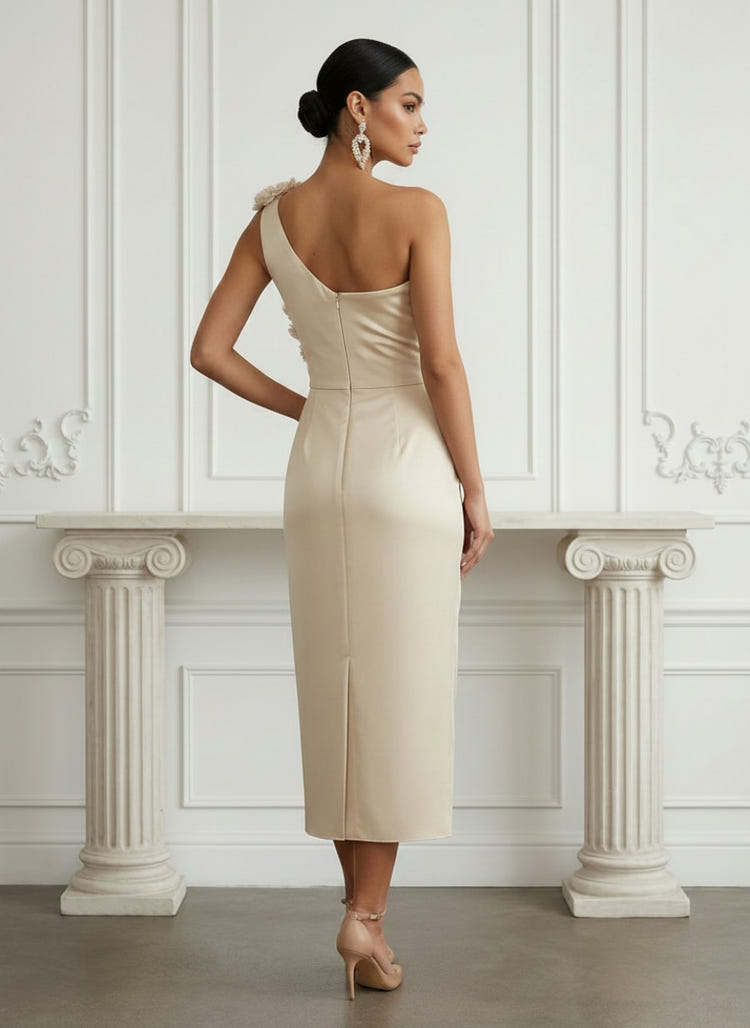 Satin Sheath One Shoulder Cocktail Dresses with 3D Flowers