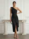 Satin Sheath One Shoulder Cocktail Dresses with 3D Flowers