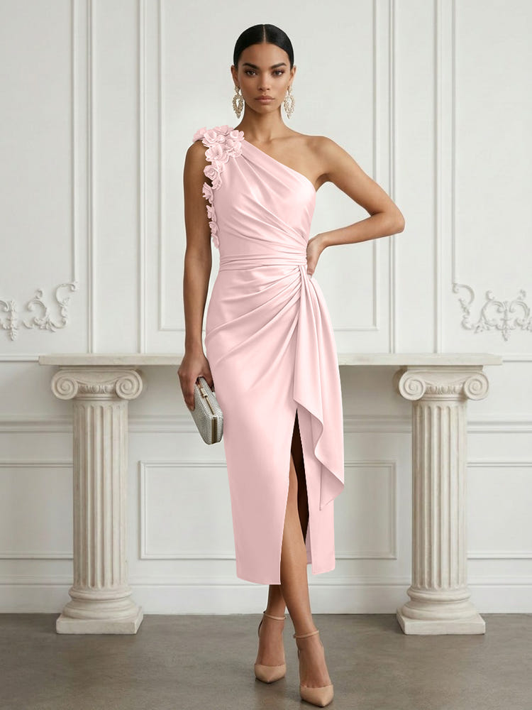 Satin Sheath One Shoulder Cocktail Dresses with 3D Flowers