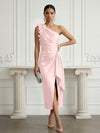 Satin Sheath One Shoulder Cocktail Dresses with 3D Flowers