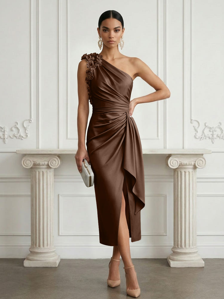 Satin Sheath One Shoulder Cocktail Dresses with 3D Flowers