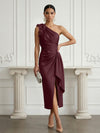 Satin Sheath One Shoulder Cocktail Dresses with 3D Flowers