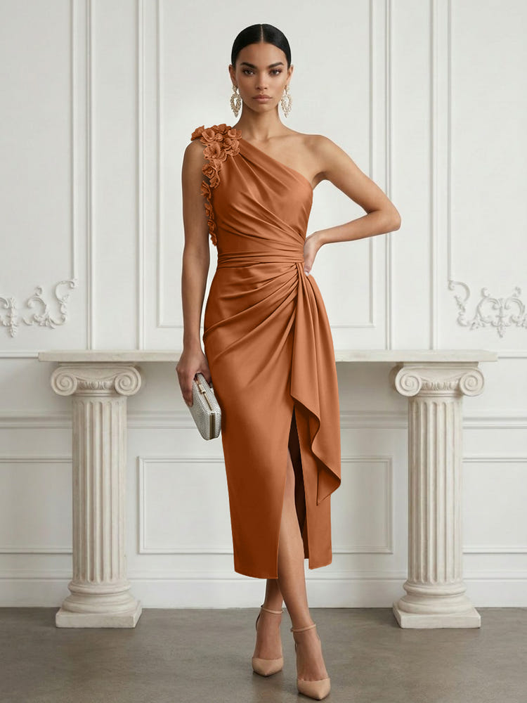 Satin Sheath One Shoulder Cocktail Dresses with 3D Flowers