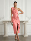 Satin Sheath One Shoulder Cocktail Dresses with 3D Flowers