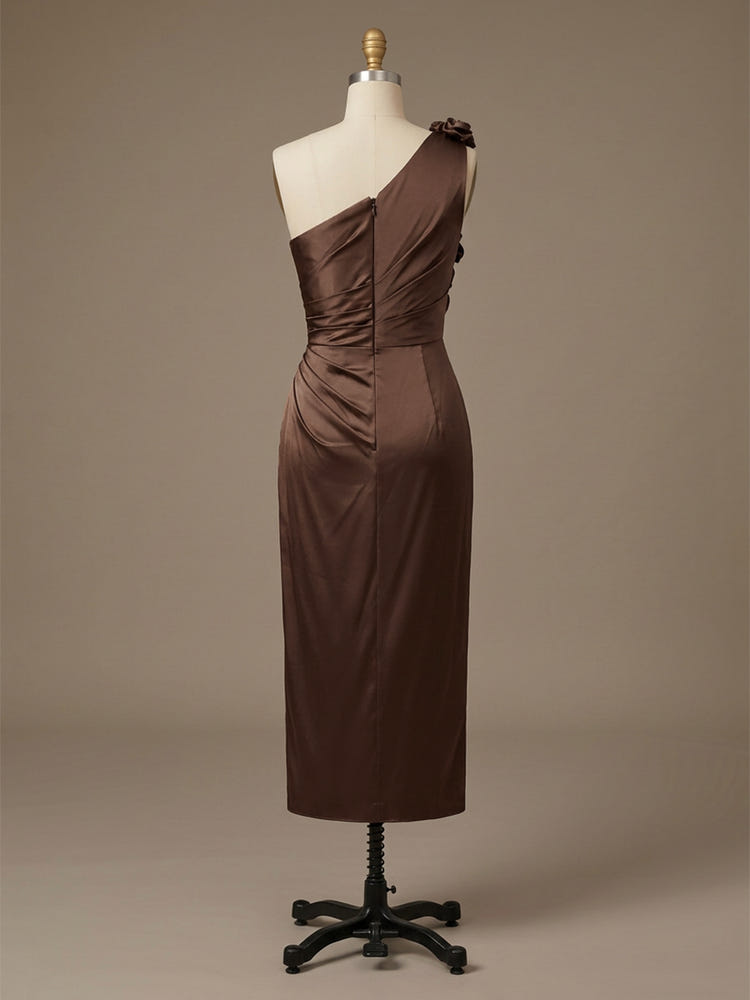 Satin Sheath One Shoulder Tea Length Cocktail Dresses with 3D Flowers