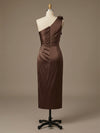 Satin Sheath One Shoulder Tea Length Cocktail Dresses with 3D Flowers