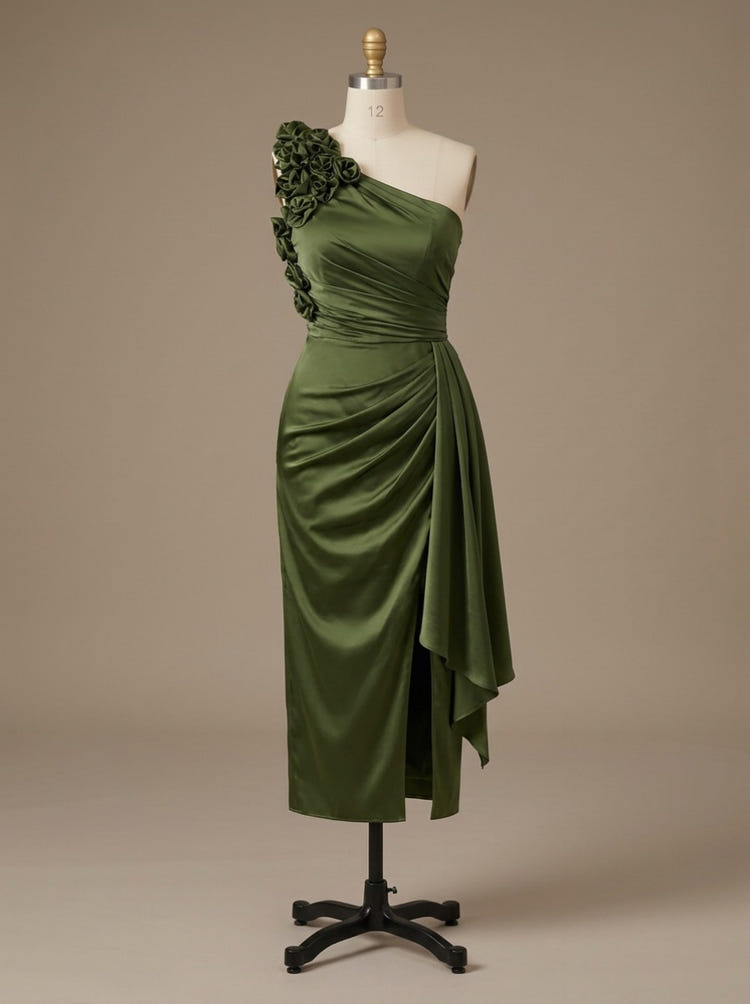Satin Sheath One Shoulder Tea Length Cocktail Dresses with 3D Flowers