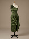Satin Sheath One Shoulder Tea Length Cocktail Dresses with 3D Flowers
