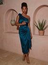 Satin Sheath One Shoulder Tea Length Cocktail Dresses with 3D Flowers