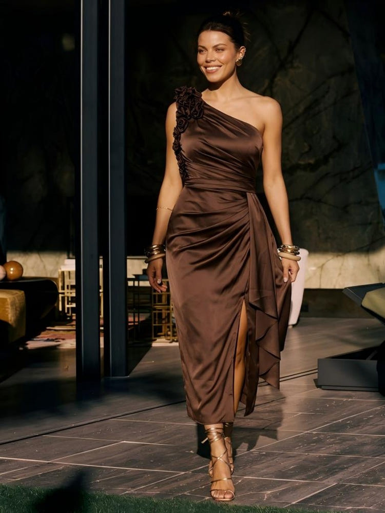 Satin Sheath One Shoulder Tea Length Cocktail Dresses with 3D Flowers