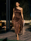 Satin Sheath One Shoulder Tea Length Cocktail Dresses with 3D Flowers