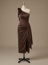 Satin Sheath One Shoulder Tea Length Cocktail Dresses with 3D Flowers