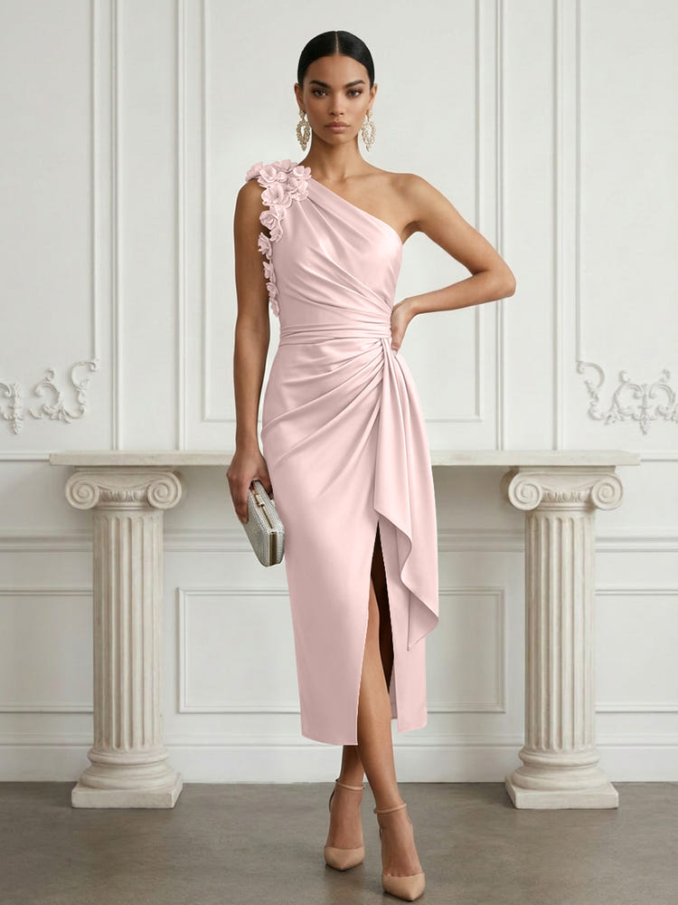 Satin Sheath One Shoulder Cocktail Dresses with 3D Flowers
