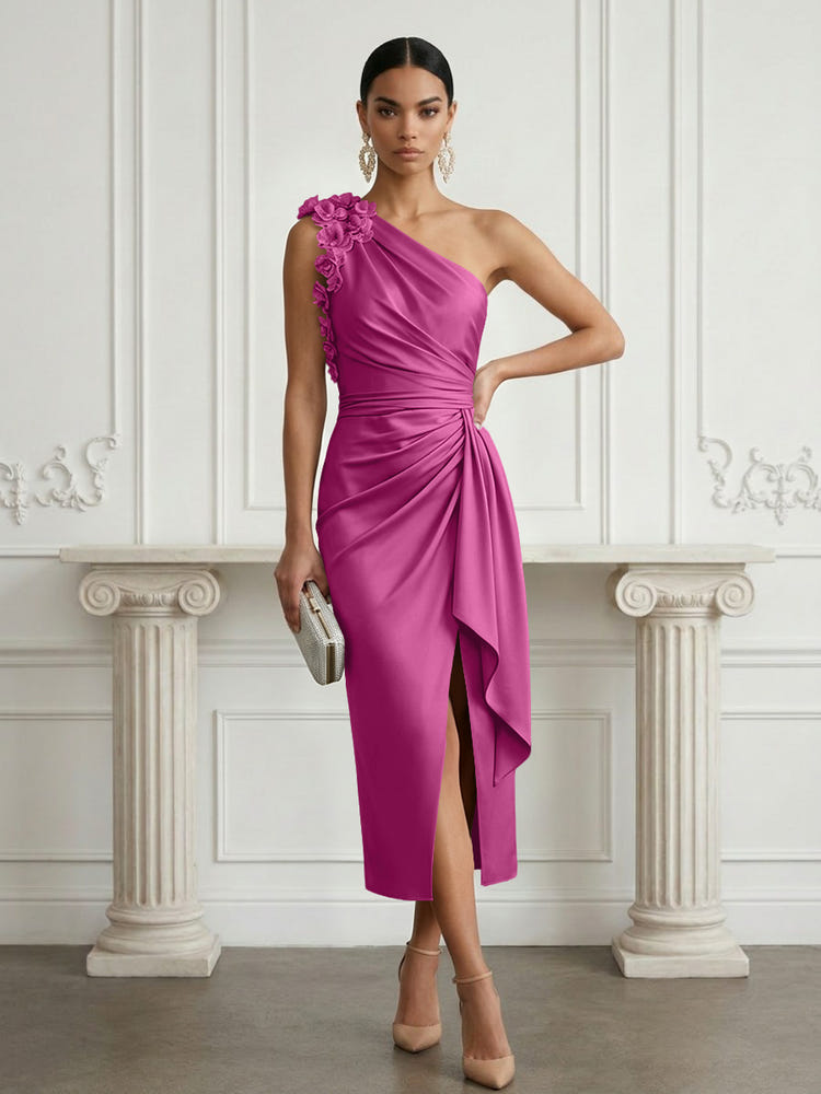 Satin Sheath One Shoulder Cocktail Dresses with 3D Flowers