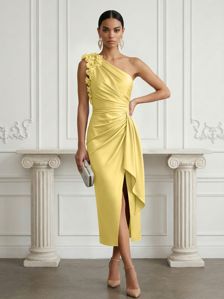 Satin Sheath One Shoulder Cocktail Dresses with 3D Flowers