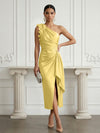 Satin Sheath One Shoulder Cocktail Dresses with 3D Flowers