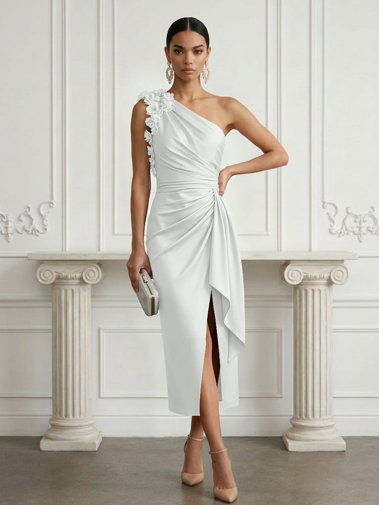Satin Sheath One Shoulder Cocktail Dresses with 3D Flowers
