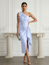 Satin Sheath One Shoulder Cocktail Dresses with 3D Flowers